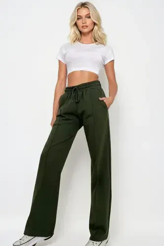 Women's Khaki High Waist Pin-Tuck Front Wide Leg Double Pocket Sweatpants ALC-X7957-Khaki - TREND ALAÇATI STILI (1)