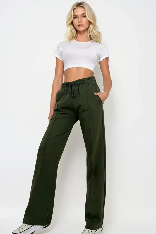 Women's Khaki High Waist Pin-Tuck Front Wide Leg Double Pocket Sweatpants ALC-X7957-Khaki - 2