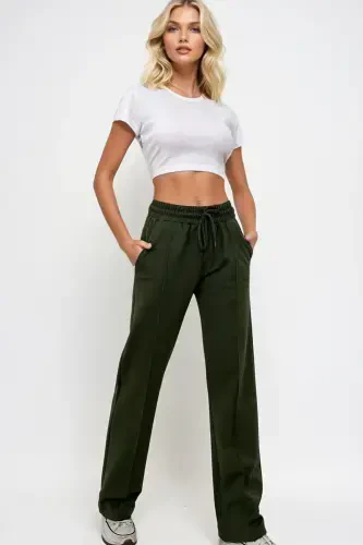 Women's Khaki High Waist Pin-Tuck Front Wide Leg Double Pocket Sweatpants ALC-X7957-Khaki - 3