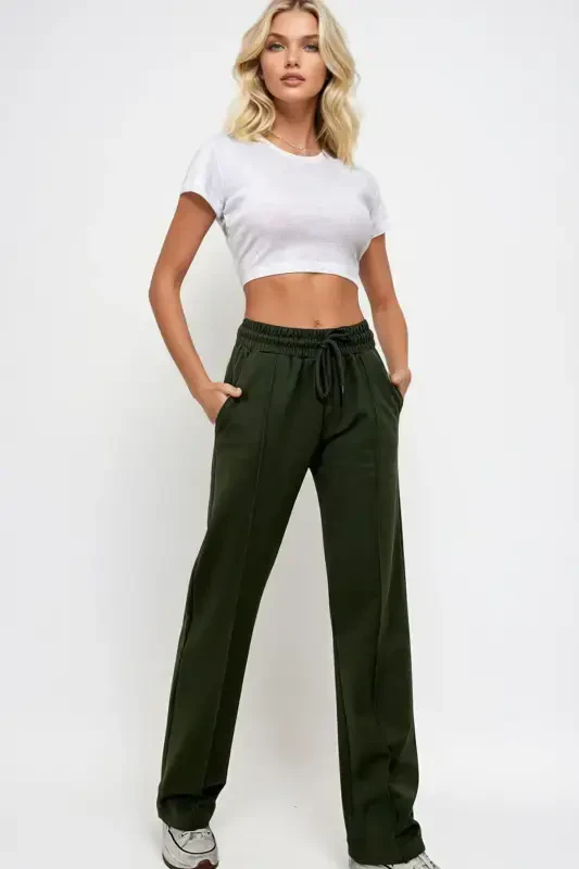 Women's Khaki High Waist Pin-Tuck Front Wide Leg Double Pocket Sweatpants ALC-X7957-Khaki - 3