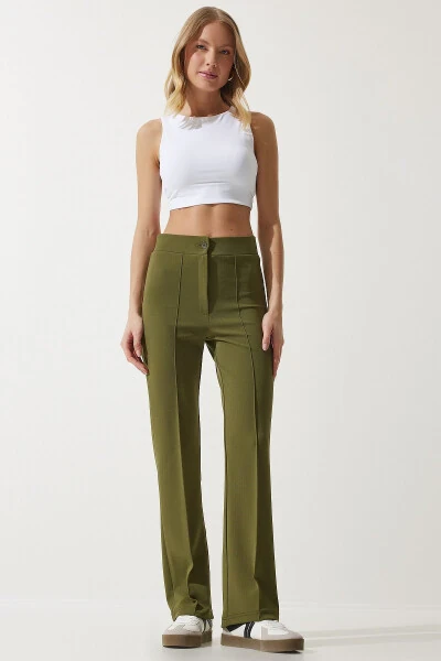 Women's Khaki High-Waisted Lycra Comfortable Knit Pants RV00090 - 1