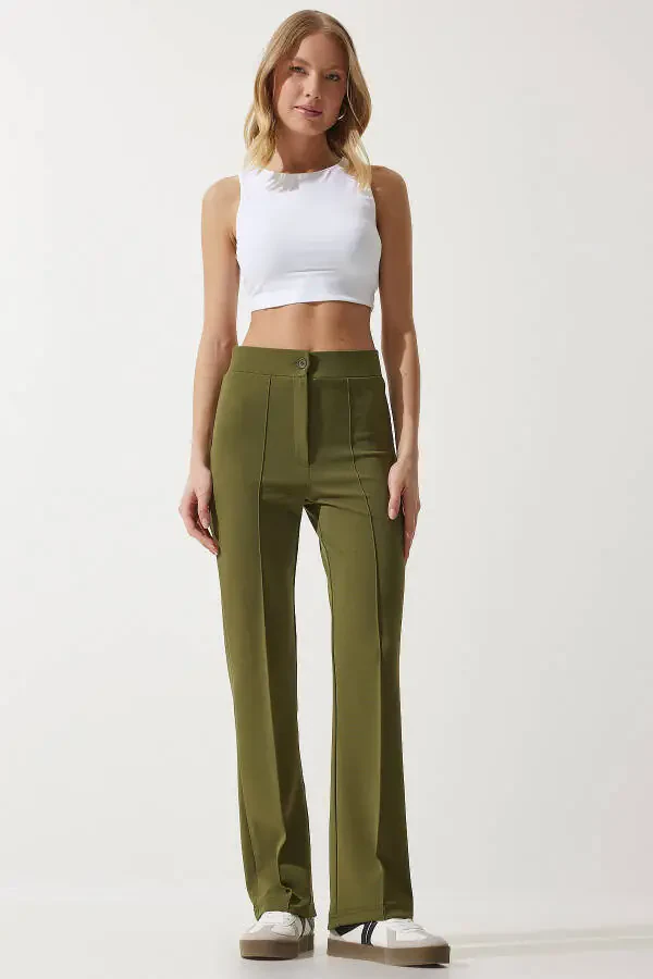 Women's Khaki High-Waisted Lycra Comfortable Knit Pants RV00090 - 1