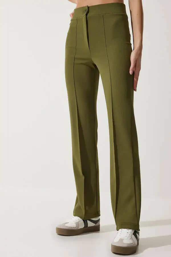 Women's Khaki High-Waisted Lycra Comfortable Knit Pants RV00090 - 3