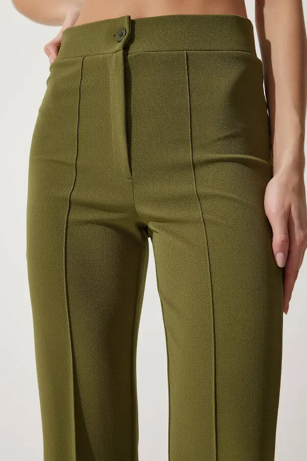 Women's Khaki High-Waisted Lycra Comfortable Knit Pants RV00090 - 4
