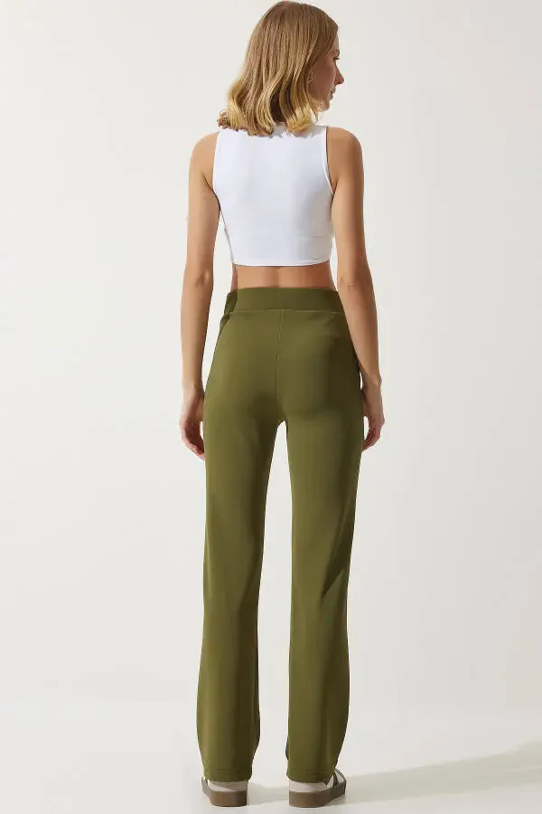 Women's Khaki High-Waisted Lycra Comfortable Knit Pants RV00090 - 5