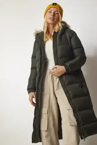 Women's Khaki Hooded Long Puffer Coat VP00001-Khaki - HAPPINESS İSTANBUL (1)