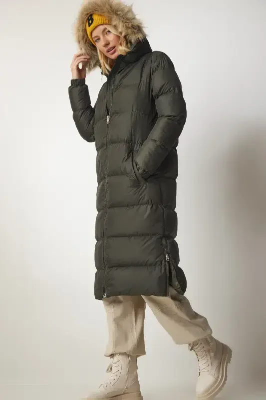 Women's Khaki Hooded Long Puffer Coat VP00001-Khaki - 3