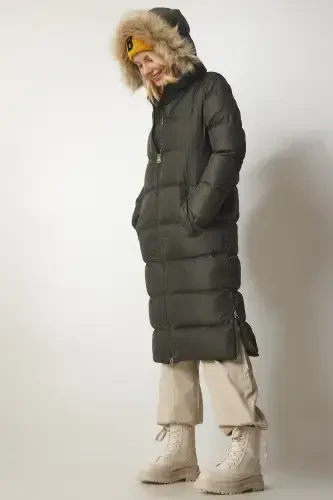Women's Khaki Hooded Long Puffer Coat VP00001-Khaki - 4