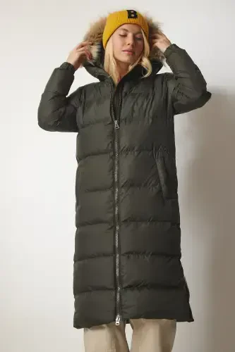 Women's Khaki Hooded Long Puffer Coat VP00001-Khaki - 5
