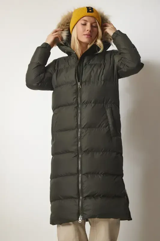 Women's Khaki Hooded Long Puffer Coat VP00001-Khaki - 5
