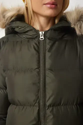 Women's Khaki Hooded Long Puffer Coat VP00001-Khaki - 6