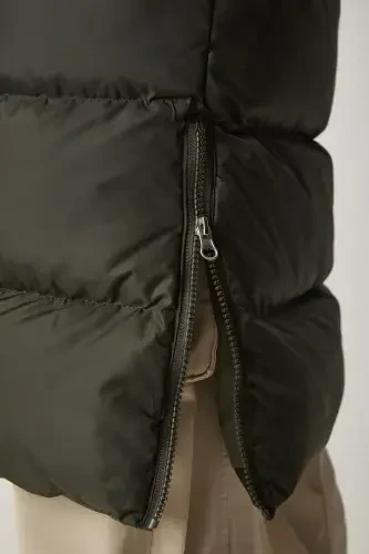 Women's Khaki Hooded Long Puffer Coat VP00001-Khaki - 7