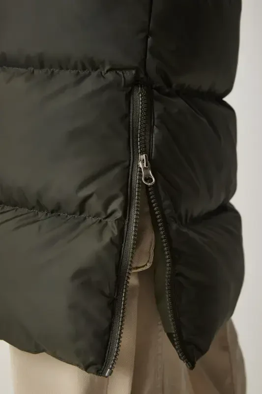 Women's Khaki Hooded Long Puffer Coat VP00001-Khaki - 7