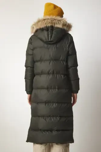 Women's Khaki Hooded Long Puffer Coat VP00001-Khaki - 9