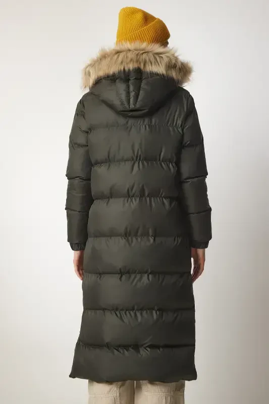 Women's Khaki Hooded Long Puffer Coat VP00001-Khaki - 9