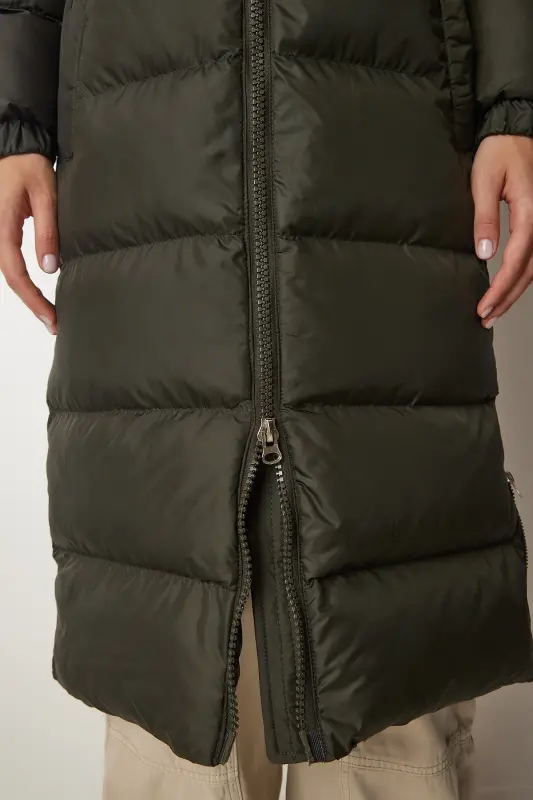 Women's Khaki Hooded Long Puffer Coat VP00001-Khaki - 9