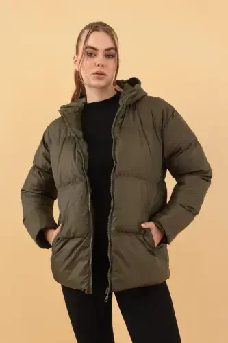 Women's Khaki Hooded Puffer Jacket-Khaki - 1
