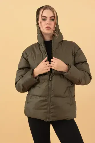 Women's Khaki Hooded Puffer Jacket-Khaki - 2