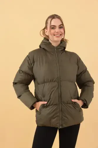 Women's Khaki Hooded Puffer Jacket-Khaki - 3