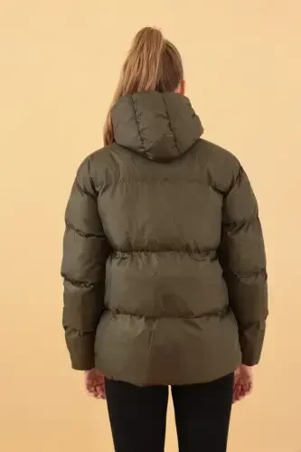 Women's Khaki Hooded Puffer Jacket-Khaki - 4