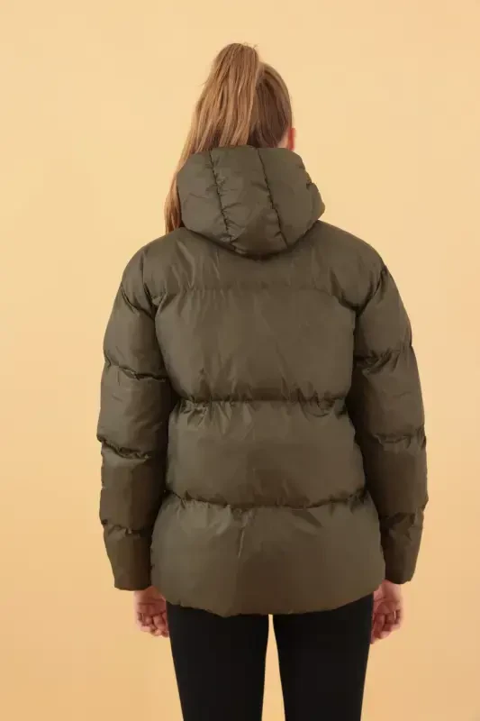 Women's Khaki Hooded Puffer Jacket-Khaki - 4