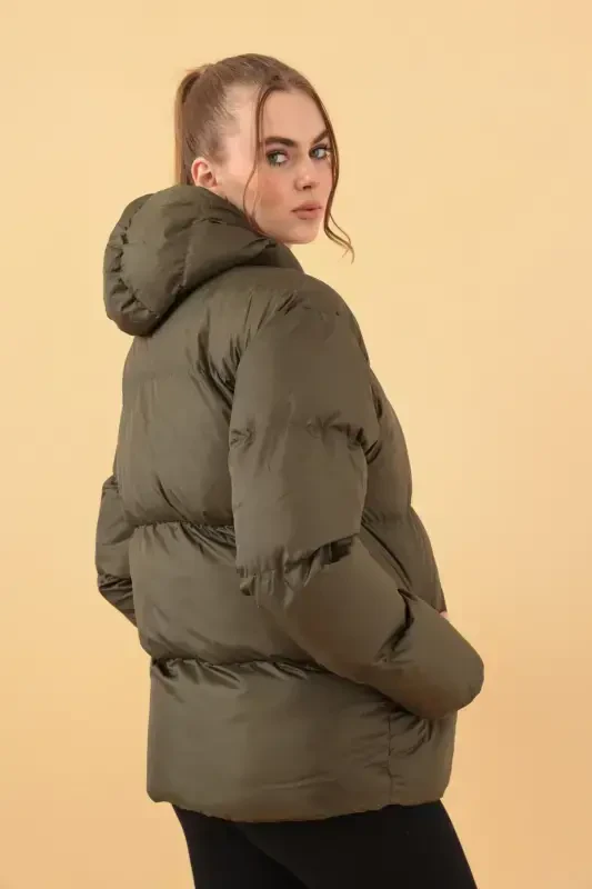 Women's Khaki Hooded Puffer Jacket-Khaki - 5