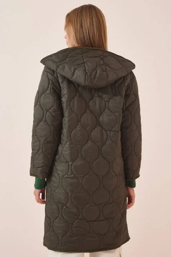 Women's Khaki Hooded Quilted Coat Modazone00052 - 3