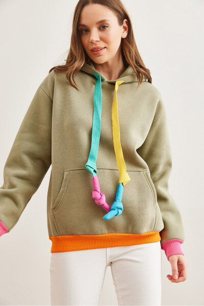 Women's Khaki Hoodie Drawstring Detailed Sweatshirt SWT-19000710 - 3