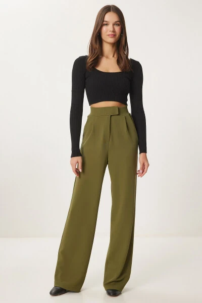 Women's Khaki Hook-and-Loop Waistband Comfortable Woven Trousers RV00150 - HAPPINESS İSTANBUL
