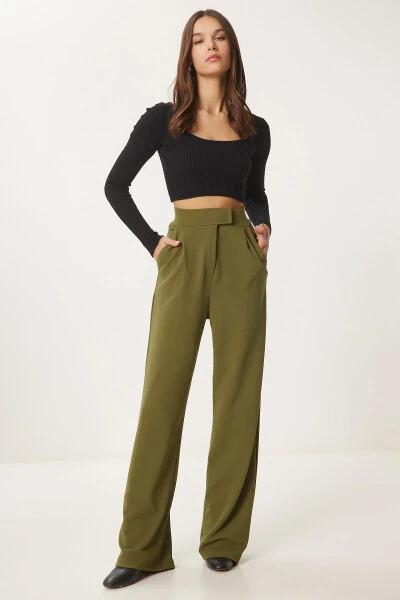 Women's Khaki Hook-and-Loop Waistband Comfortable Woven Trousers RV00150 - HAPPINESS İSTANBUL (1)