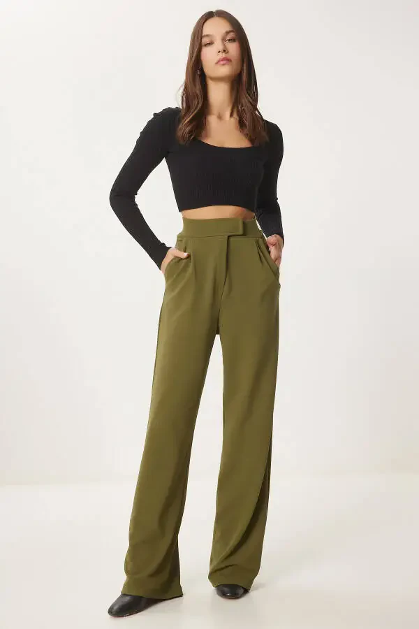 Women's Khaki Hook-and-Loop Waistband Comfortable Woven Trousers RV00150 - 2