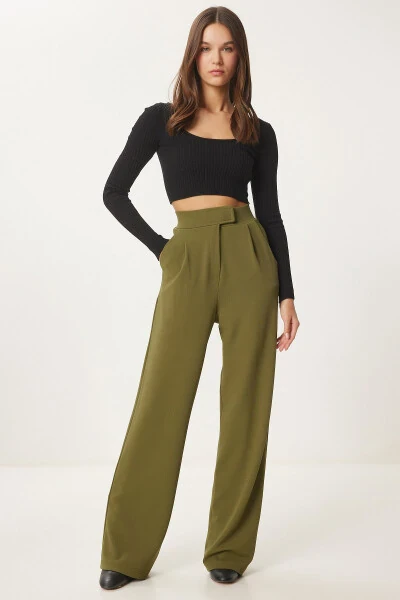 Women's Khaki Hook-and-Loop Waistband Comfortable Woven Trousers RV00150 - 3