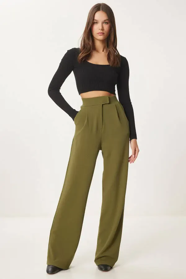 Women's Khaki Hook-and-Loop Waistband Comfortable Woven Trousers RV00150 - 3