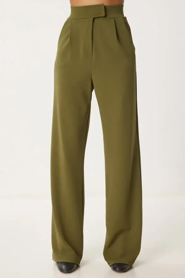 Women's Khaki Hook-and-Loop Waistband Comfortable Woven Trousers RV00150 - 6