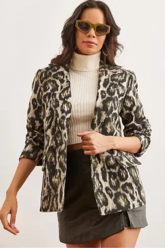 Women's Khaki Leopard Flap Pocket Lined Wool Blend Blazer Jacket CKT-19000403-Khaki Leopard - 1