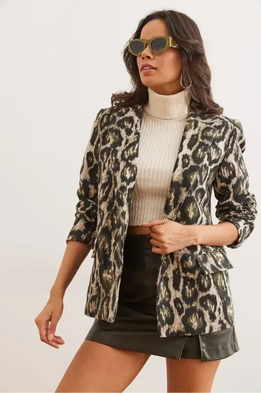 Women's Khaki Leopard Flap Pocket Lined Wool Blend Blazer Jacket CKT-19000403-Khaki Leopard - 3
