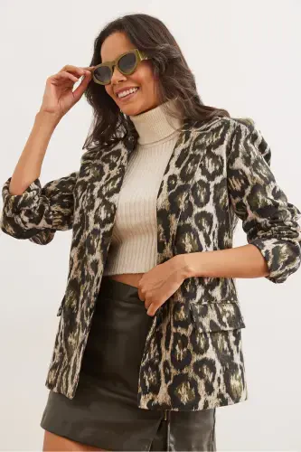 Women's Khaki Leopard Flap Pocket Lined Wool Blend Blazer Jacket CKT-19000403-Khaki Leopard - 4