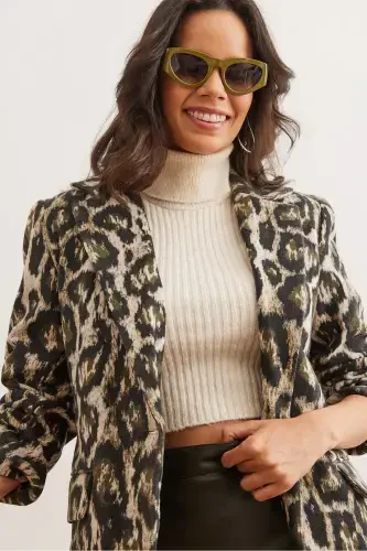 Women's Khaki Leopard Flap Pocket Lined Wool Blend Blazer Jacket CKT-19000403-Khaki Leopard - 6