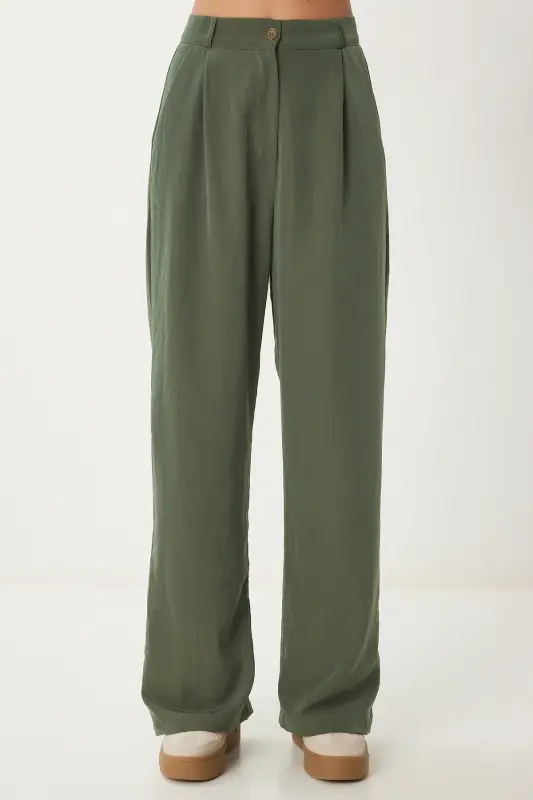 Women's Khaki Lyocell Palazzo Pants RV00112-Khaki - 4