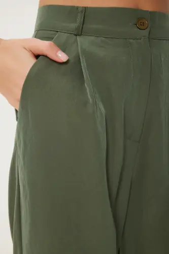 Women's Khaki Lyocell Palazzo Pants RV00112-Khaki - 5