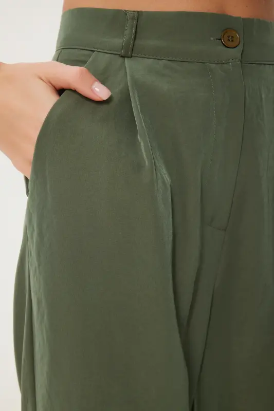 Women's Khaki Lyocell Palazzo Pants RV00112-Khaki - 5