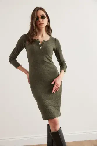 Women's Khaki Metal Buttoned Flannel Lycra Mini Dress - 3