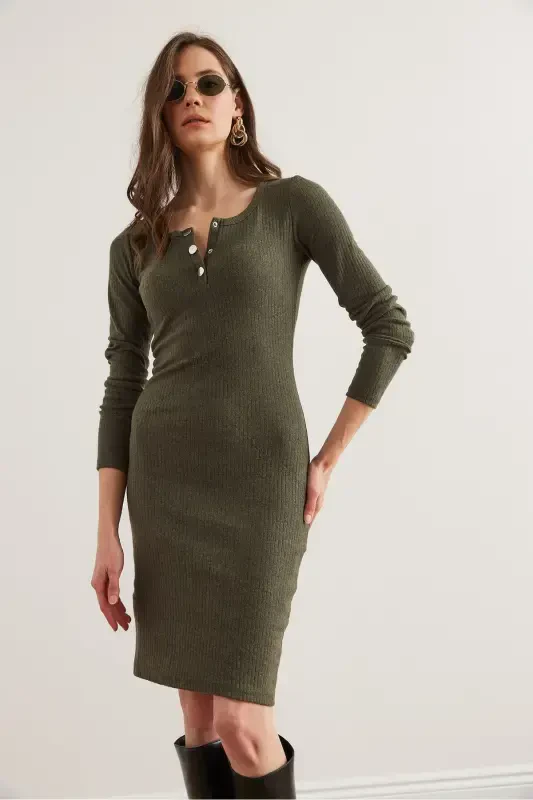 Women's Khaki Metal Buttoned Flannel Lycra Mini Dress - 4