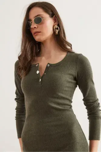 Women's Khaki Metal Buttoned Flannel Lycra Mini Dress - 6