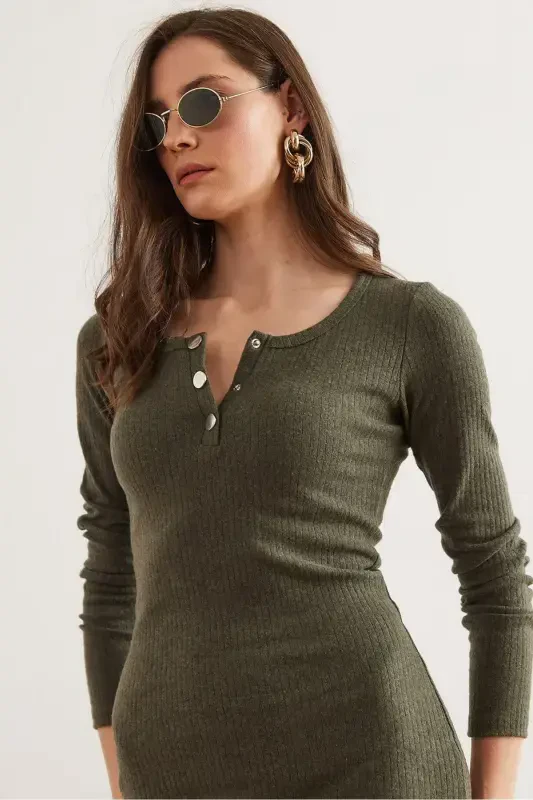 Women's Khaki Metal Buttoned Flannel Lycra Mini Dress - 6