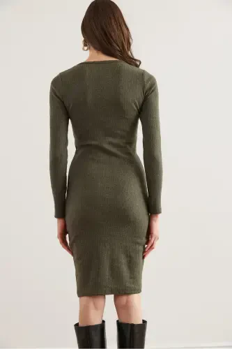 Women's Khaki Metal Buttoned Flannel Lycra Mini Dress - 7