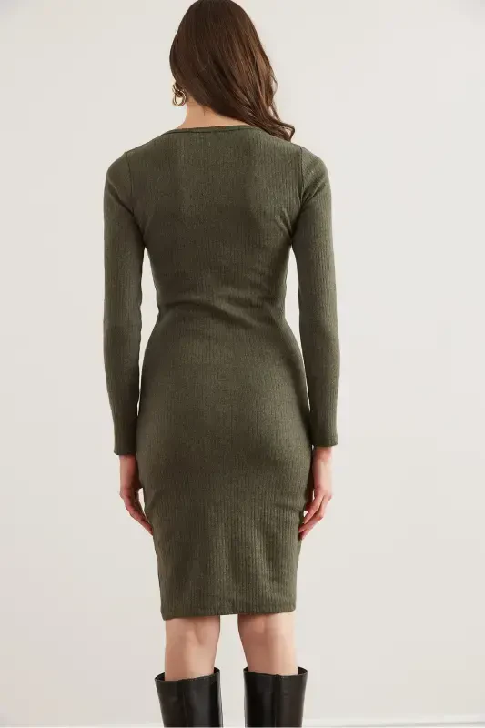 Women's Khaki Metal Buttoned Flannel Lycra Mini Dress - 7