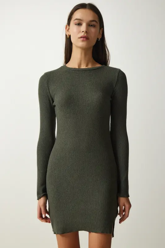 Women's Khaki Mini Slit Ribbed Knit Dress UB00211-Khaki - HAPPINESS İSTANBUL