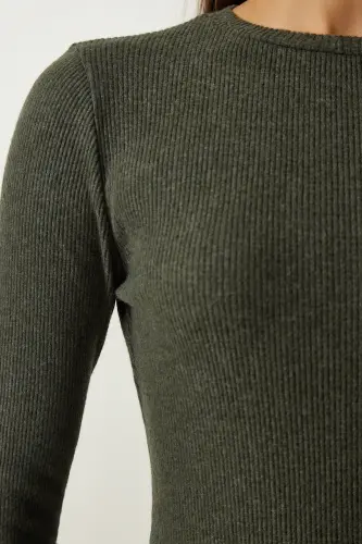 Women's Khaki Mini Slit Ribbed Knit Dress UB00211-Khaki - 3