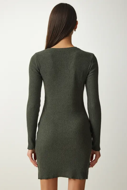 Women's Khaki Mini Slit Ribbed Knit Dress UB00211-Khaki - 5